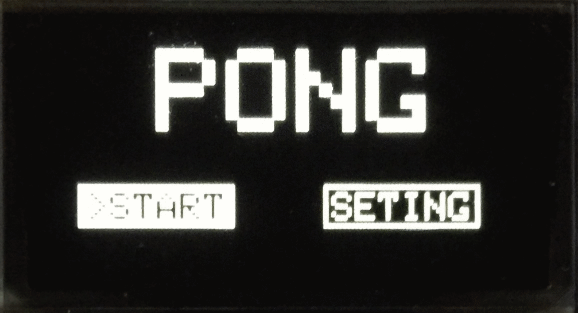 The Arduboy OLED showing the game's menu: PONG in large pixel letters, and under it two buttons, one reading START, highlighted and marked with a cursor arrow, the other reading SETING.
