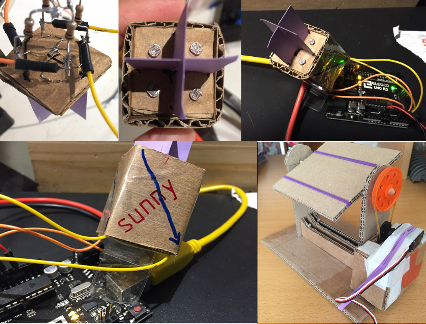 Five build photographs. Top row: the underside of a small cardboard plate with four axial resistors and bare tinned wire soldered across it; the finished head seen from above, a shallow cardboard box with one round photoresistor in each of four quadrants and a purple card cross standing upright in the middle; the head taped to an Arduino Uno board with orange and yellow jumper wires. Bottom row: the head labelled Sunny in felt pen, wired back to the board; and the tilting frame, a cardboard flap held by rubber bands over a cardboard box, driven by an orange plastic pulley and a servo taped to the side.