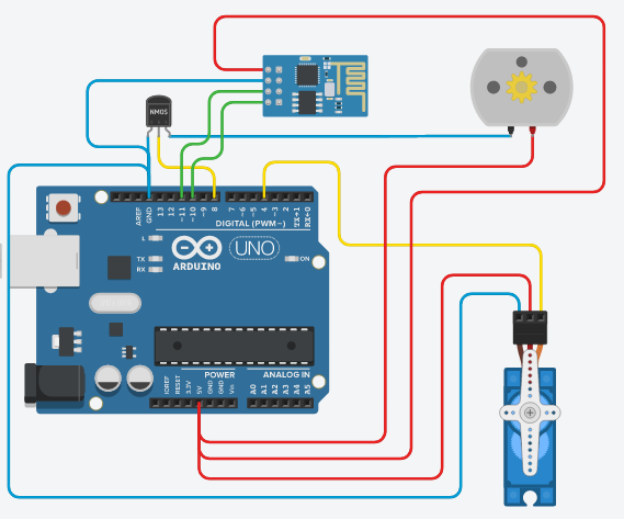 Wiring diagram: the same Arduino Uno, MOSFET, DC motor and servo, with a small blue radio module added above the board and wired to the serial and power pins.
