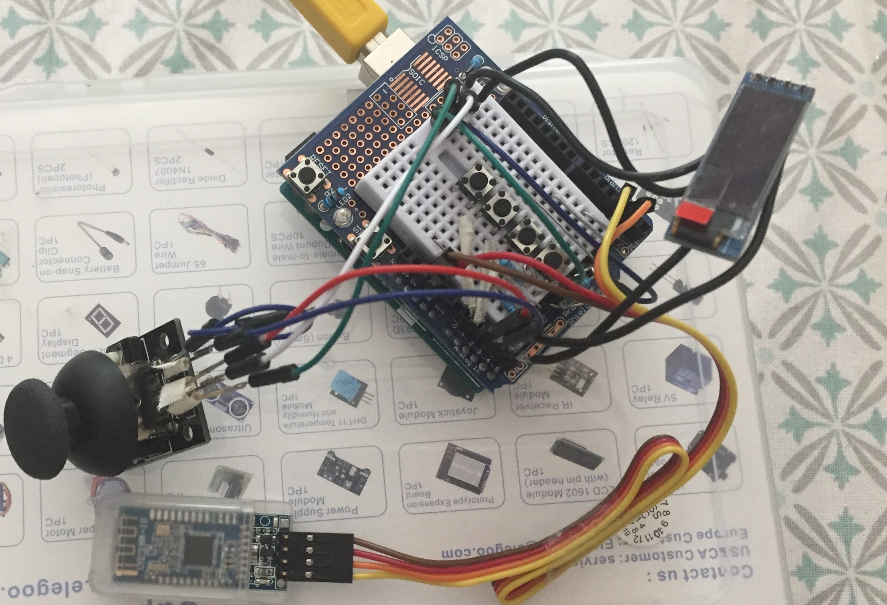 Photograph of the transmitter's internals laid out on a printed component inventory sheet: an Arduino board with a prototyping shield and mini breadboard carrying four tactile buttons, a black thumb joystick module on coloured jumper leads, a small blue OLED display, a Bluetooth module on a pin-header breakout in a clear case, and a yellow USB cable.