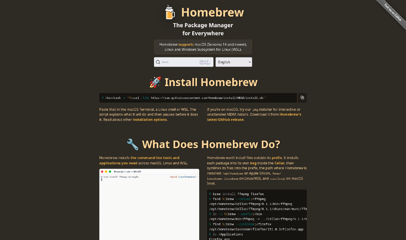 The genuine Homebrew homepage. A beer-mug logo above the wordmark Homebrew, the tagline The Package Manager for Everywhere, a box stating it supports macOS Sonoma 14 and newer, Linux and WSL, then a search field and an English language selector. Under an Install Homebrew heading sits a dark command box reading /bin/bash -c dollar-paren curl -fsSL https colon slash slash raw.githubusercontent.com slash Homebrew slash install slash HEAD slash install.sh, with a copy button at its right.
