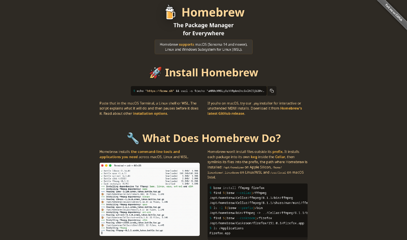 The cloned page. Identical beer-mug logo, wordmark, tagline and supports box, and an identical Install Homebrew heading and surrounding paragraphs. Two differences: the search field and language selector are absent, and the command box instead reads echo quote https colon slash slash brew.sh quote ampersand ampersand curl -s dollar-paren echo quote aHR0cHM6Ly9zYXRpbm1hcGxlNC5jb20 and then trails off into an ellipsis, with the same copy button at its right.