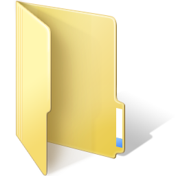 The malware's embedded application icon, decoded from resource RT_ICON id 1 at 256 by 256 pixels in 32-bit RGBA. It is the standard Windows Vista and 7 era file folder: a yellow manila folder drawn in three-quarter perspective with its front flap swung open to the left, a soft grey drop shadow falling down and to the right, and a thin white sheet of paper peeking out from the right edge of the front panel whose lower third is a pale blue band. The background is fully transparent.